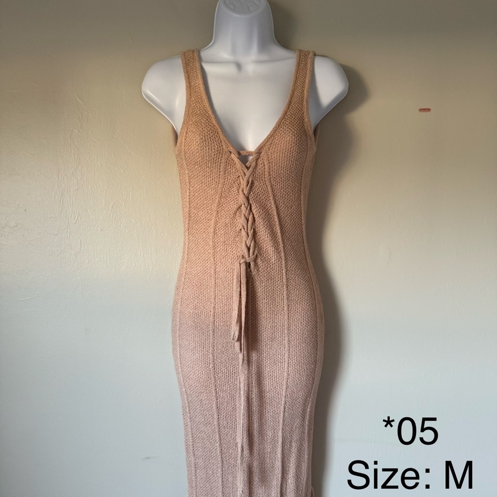 Knit Lace-Up Midi Dress in Blush